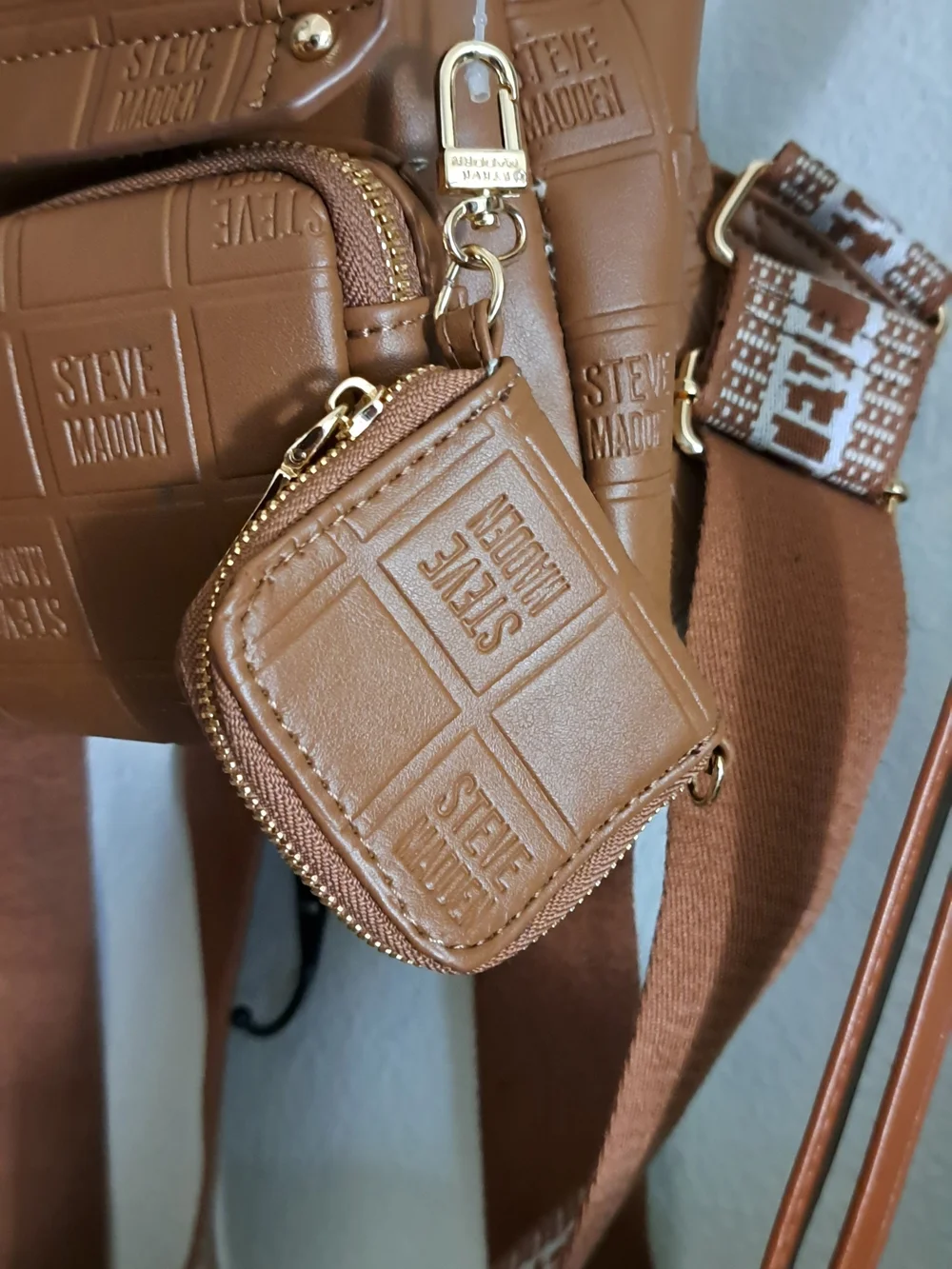Steve Madden Tan/Brown Logo-Embossed Mini Backpack with Coin Pouch